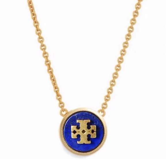 TORY BURCH • Blue Lapis Semiprecious Stone Necklace Earrings Matching Logo Set